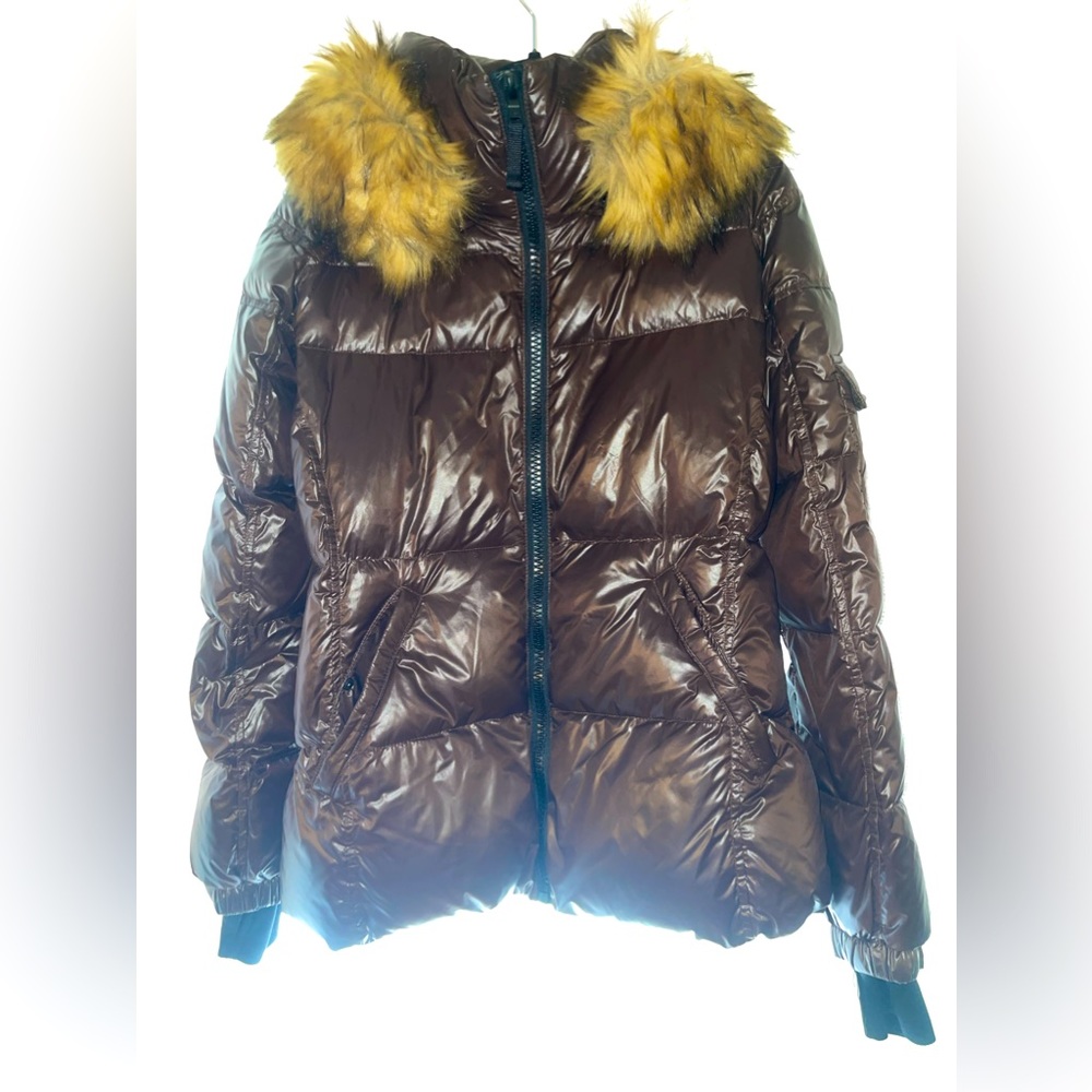 NWT S13 Faux Fur Trim Removable Hooded Down Jacket Chocolate
